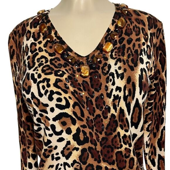 New Avvenire Knit Top Women’s Med Jaguar Print Pullover Long Sleeve Beaded NWTs - Picture 2 of 12